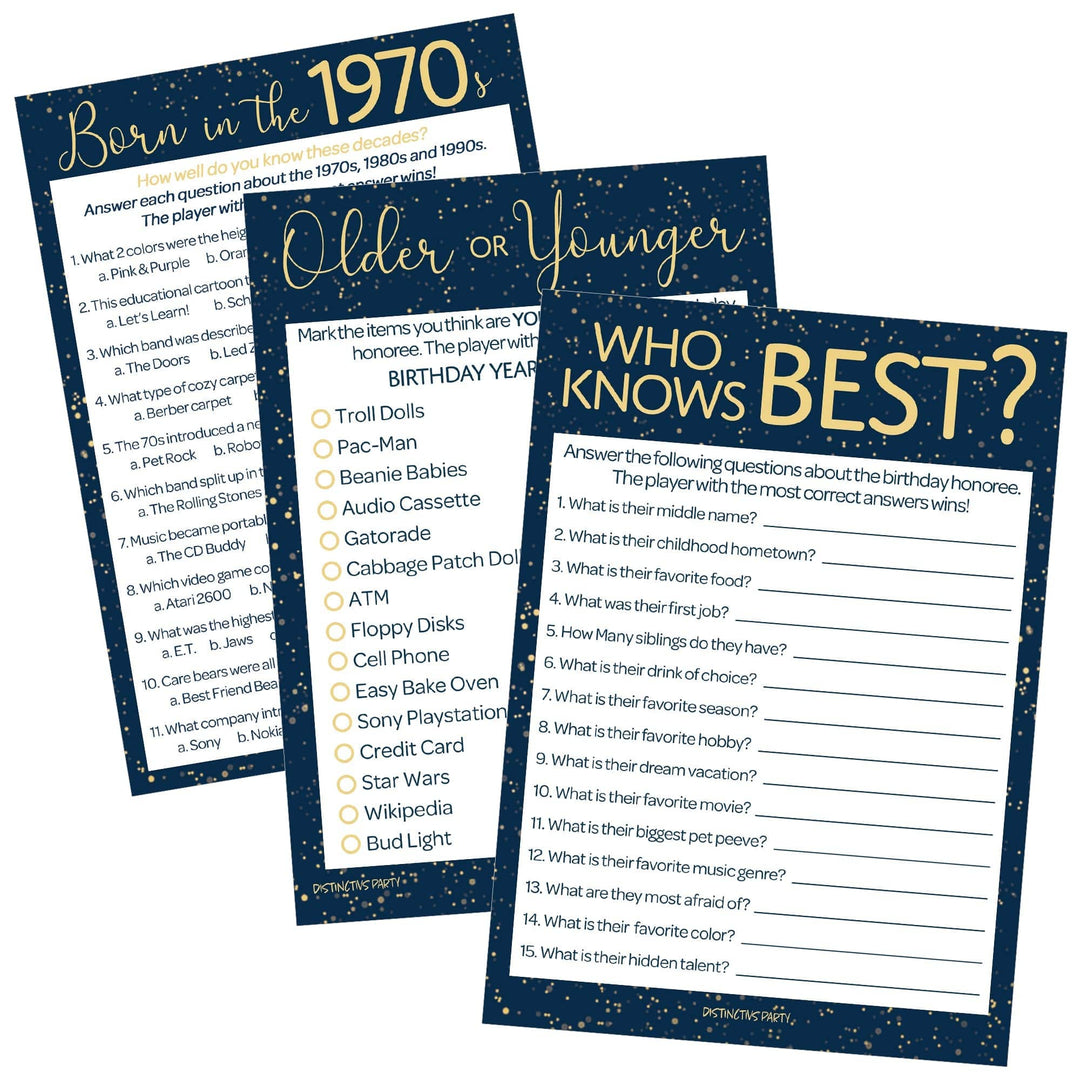 Born in The 1970s: Navy Blue & Gold - Adult Birthday - Party Game Bundle - 3 Games for 20 Guests - Distinctivs Party