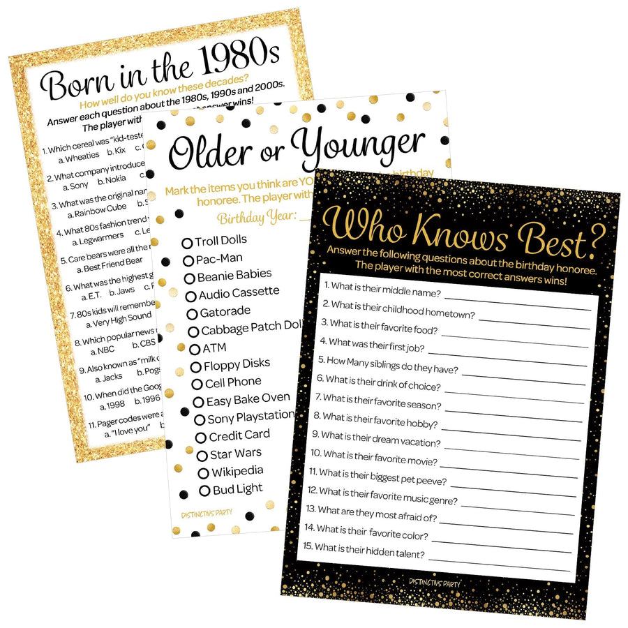 Born in The 1980s Black & Gold - 40th or 45th Birthday Party Game Bundle - 3 Games for 20 Guests - Distinctivs Party