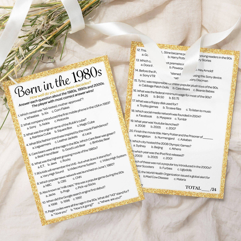 Born in The 1980s Black & Gold - 40th or 45th Birthday Party Game Bundle - 3 Games for 20 Guests - Distinctivs Party