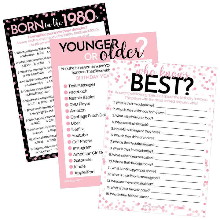 Born in The 1980s Pink & Black - 40th, 45th Birthday Party Game Bundle - 3 Games for 20 Guests - Distinctivs Party
