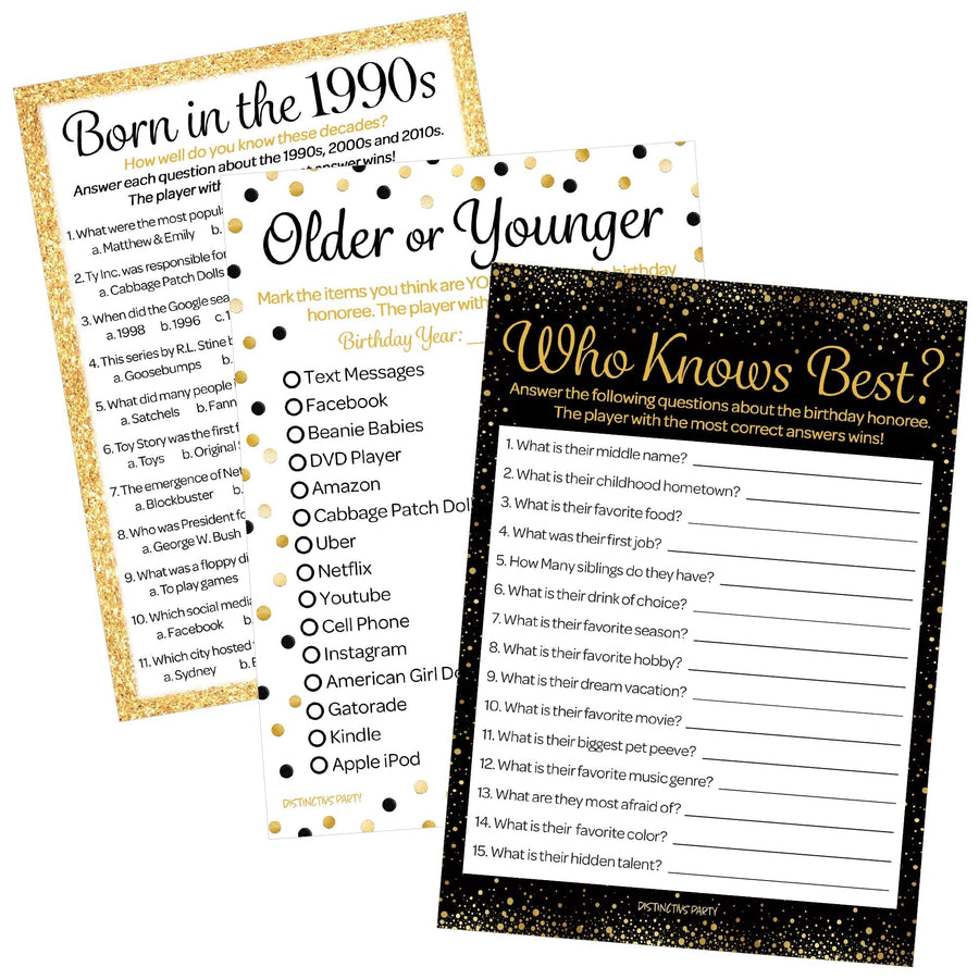 Born in The 1990s Black & Gold - Adult Birthday - Party Game Bundle - 3 Games for 20 Guests - Distinctivs Party