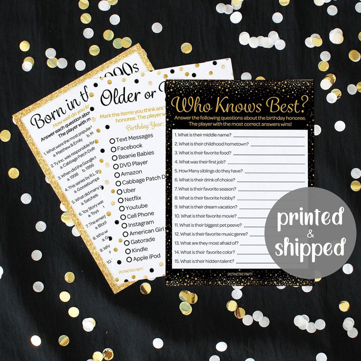 Born in The 1990s Black & Gold - Adult Birthday - Party Game Bundle - 3 Games for 20 Guests - Distinctivs Party