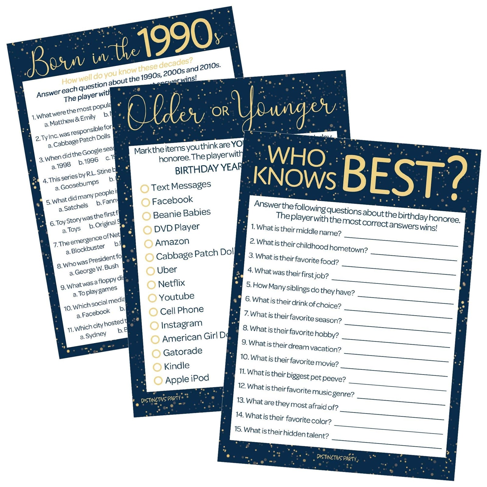 Born in The 1990s: Navy Blue & Gold - 30th & 35th Birthday Party Game Bundle - 3 Games for 20 Guests - Distinctivs Party
