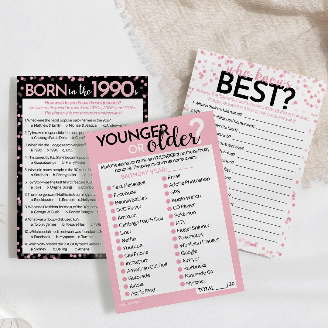 Born in The 1990s Pink & Black - 30th, 35th Birthday Party Game Bundle - 3 Games for 20 Guests - Distinctivs Party