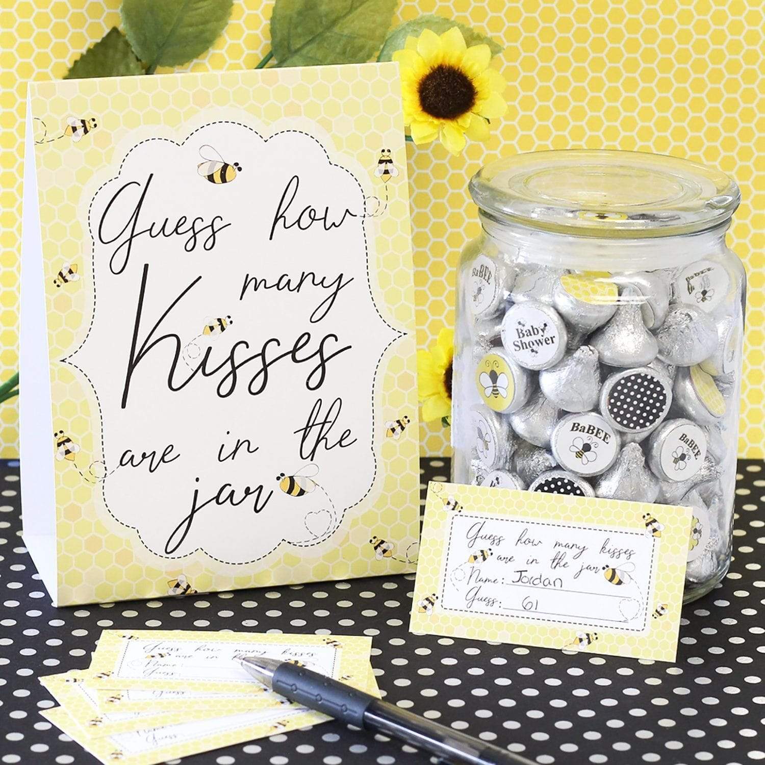 Bumble Bee:  Baby Shower, Bridal Shower, Birthday, Wedding - How Many Kisses Game + 30 Cards - Distinctivs Party