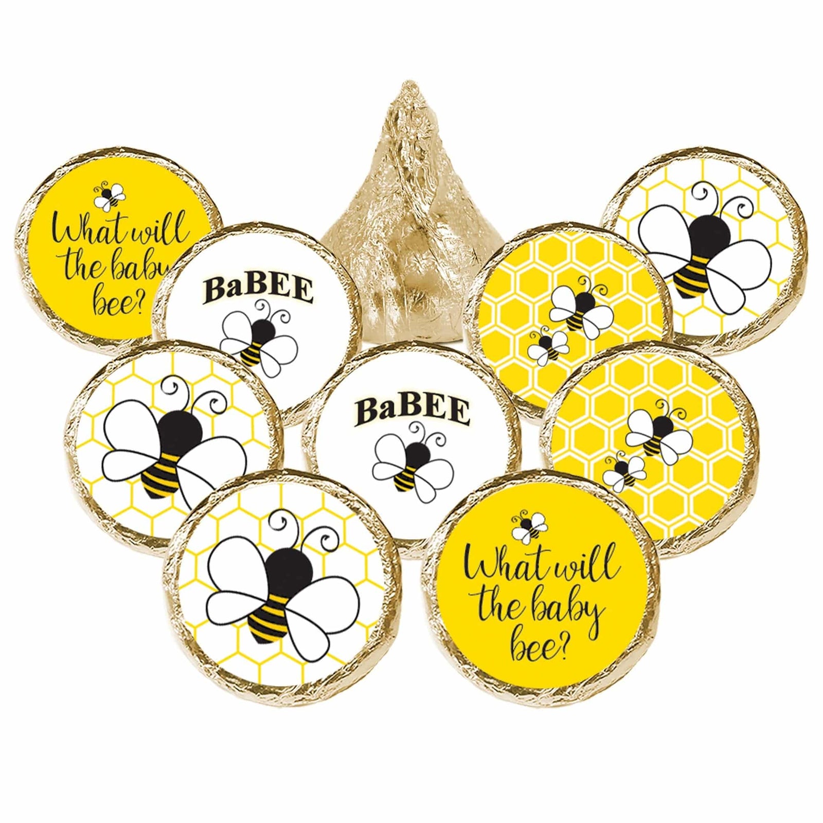 Bumble Bee: Gender Reveal Party - Favor Stickers - Fits on Hershey's Kisses - What Will Baby Bee - 180 Stickers - Distinctivs Party