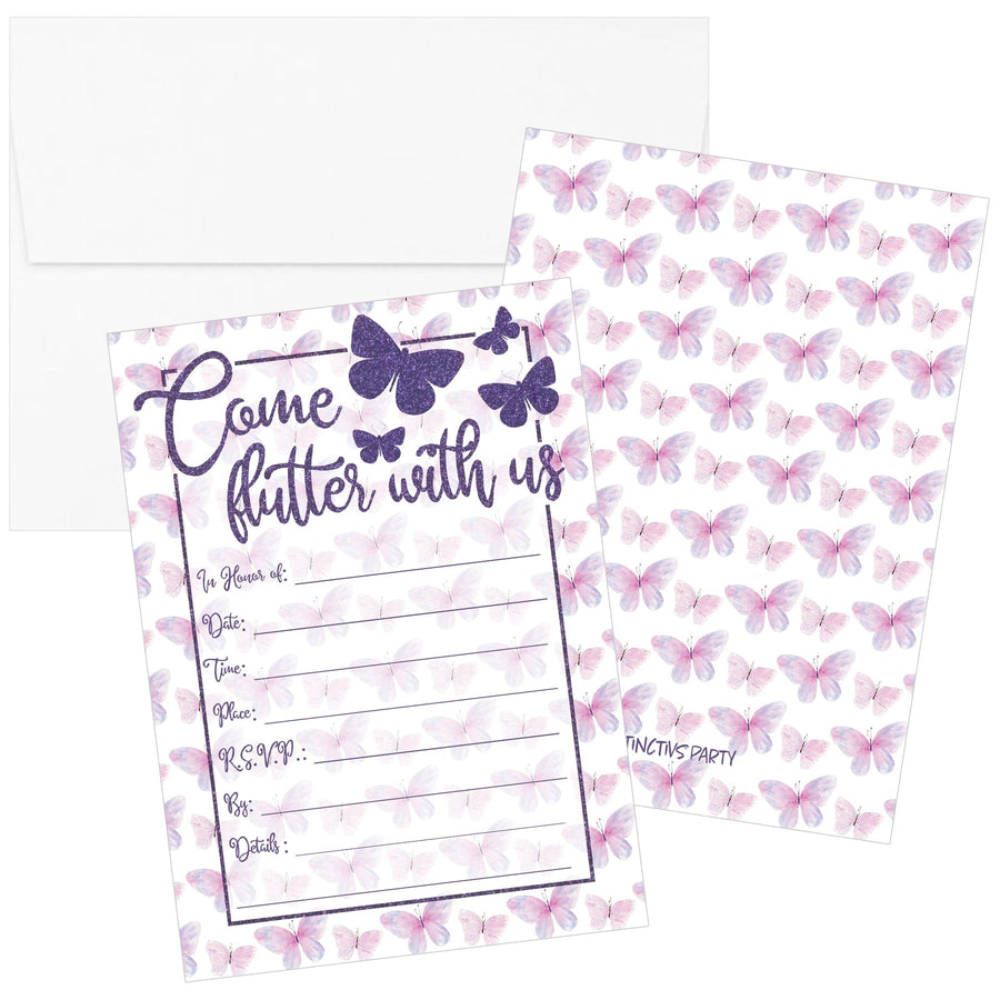 Butterfly Birthday Party Invitations - Purple Butterfly Wishes - 10 Cards with Envelopes