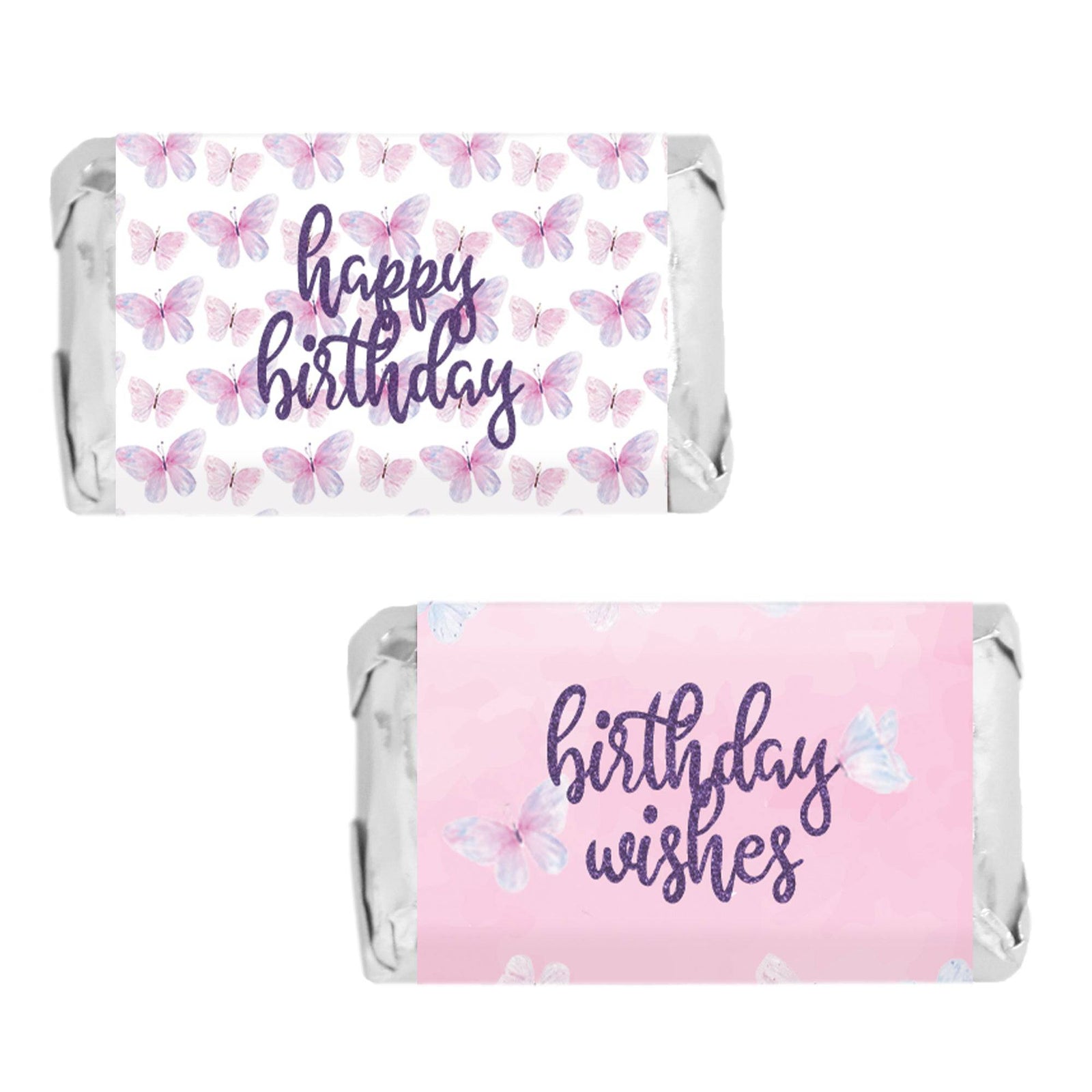 Butterfly Wishes: Purple & Pink - Kid's Birthday - Hershey's Miniatures Candy Bar Wrappers Stickers, Spring - 45 Stickers - Distinctivs Party
