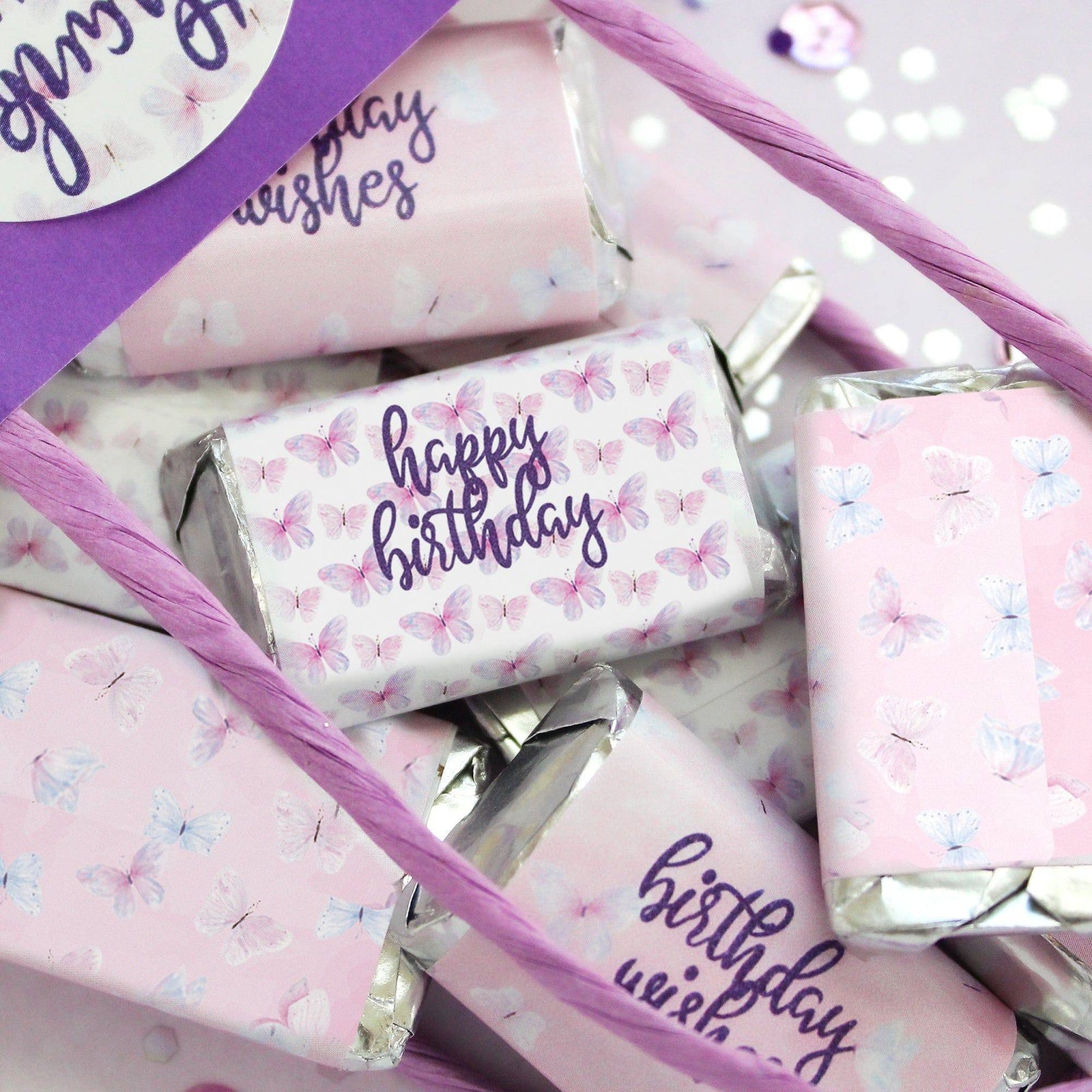 Butterfly Wishes: Purple & Pink - Kid's Birthday - Hershey's Miniatures Candy Bar Wrappers Stickers, Spring - 45 Stickers - Distinctivs Party