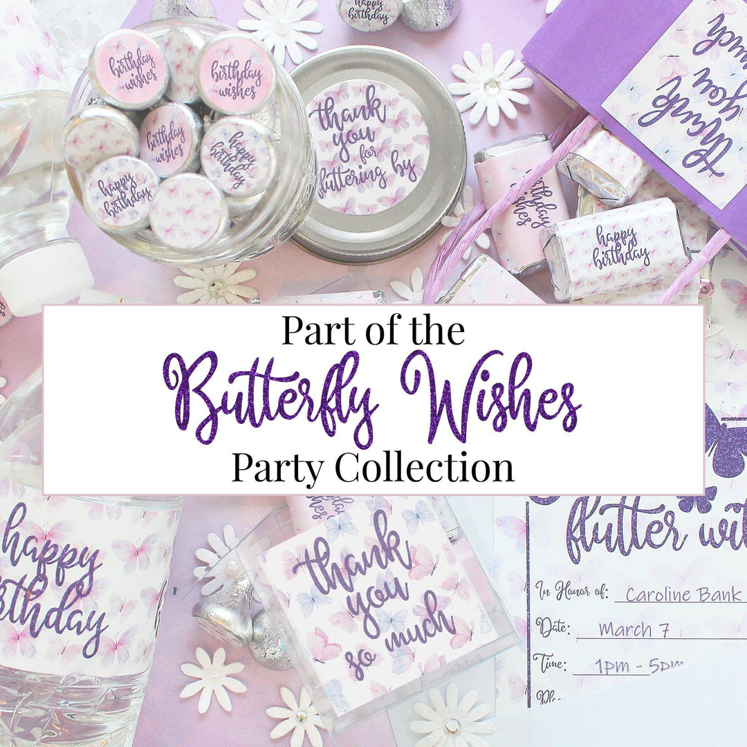 Butterfly Wishes: Purple & Pink - Kid's Birthday  - Party Favor Stickers - Fits on Hershey's Kisses, Spring - 180 Stickers