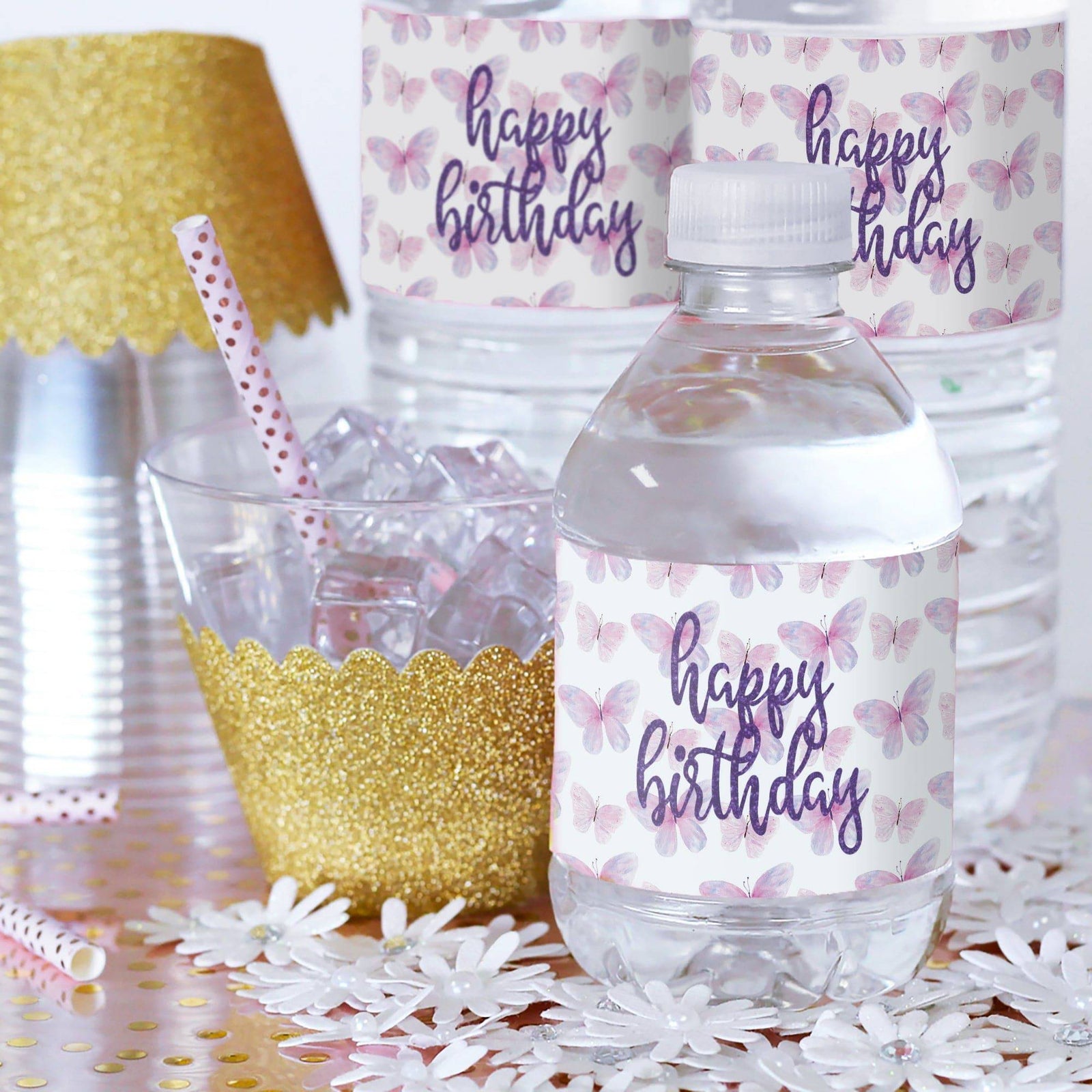 Butterfly Wishes: Purple & Pink - Kid's Birthday  - Party Favor Stickers - Water Bottle Labels, Spring - 24 Waterproof Stickers - Distinctivs Party