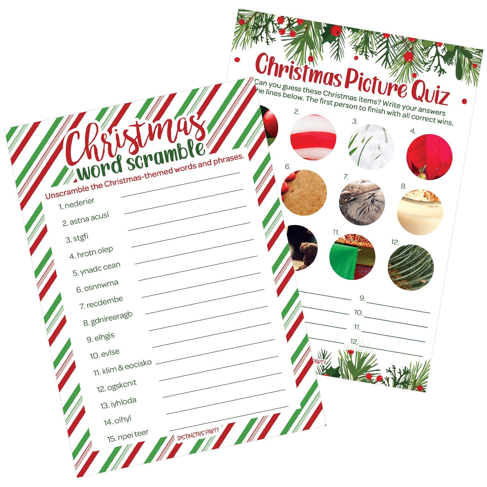 Christmas Cheer: Christmas Party Game  - Holiday Word Scramble and Picture Quiz - Two Game Bundle - 25 Dual Sided Game Cards - Distinctivs Party