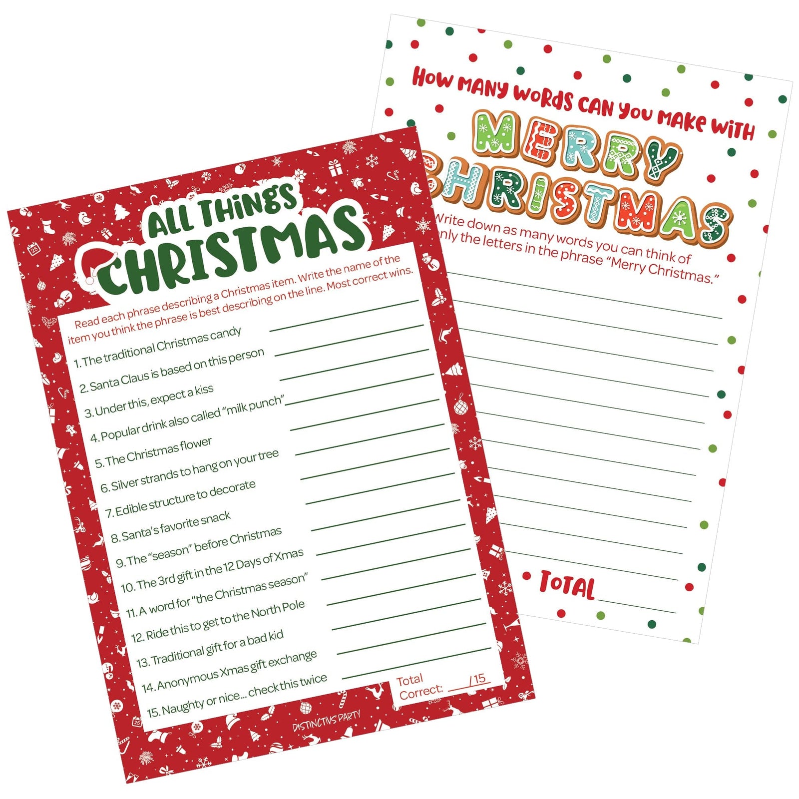 Christmas Cheer: Christmas Party Games - All Things Christmas and Christmas Anagram - Two Game Bundle - 25 Dual Sided Game Cards - Distinctivs Party