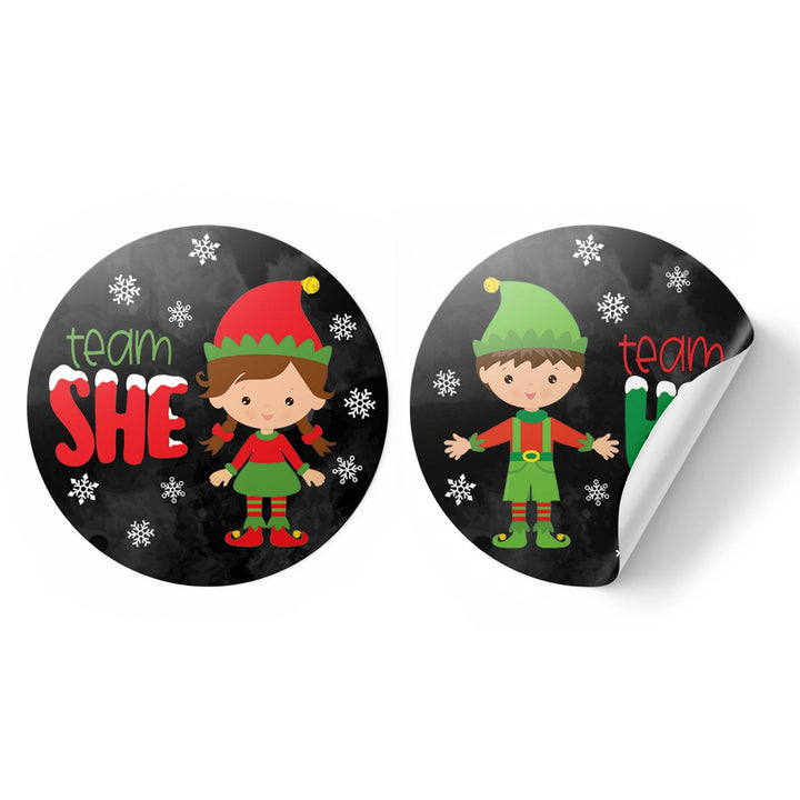 Christmas Gender Reveal: Elf Party - Team He or Team She Stickers - 40 Stickers - Distinctivs Party