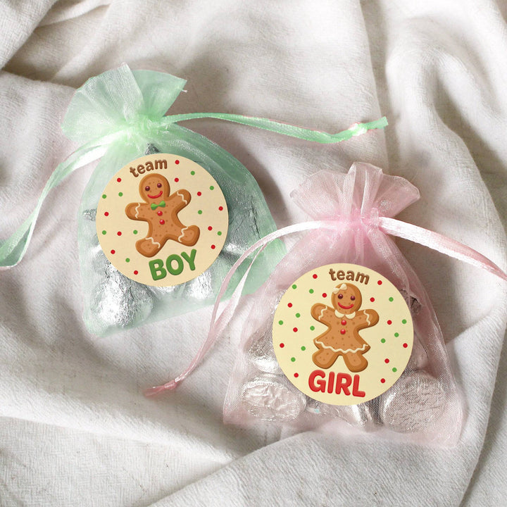 Christmas Gender Reveal: Gingerbread Party - Team He or Team She Stickers - 40 Stickers - Distinctivs Party