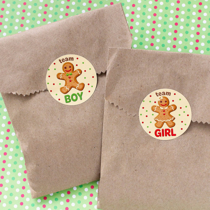 Christmas Gender Reveal: Gingerbread Party - Team He or Team She Stickers - 40 Stickers - Distinctivs Party