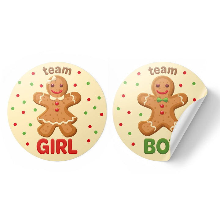 Christmas Gender Reveal: Gingerbread Party - Team He or Team She Stickers - 40 Stickers - Distinctivs Party