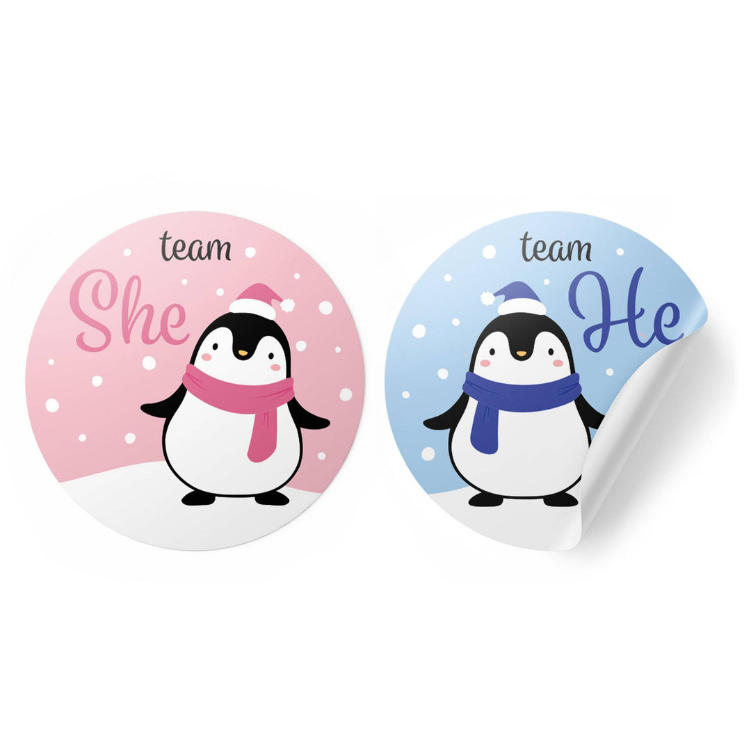 Christmas Gender Reveal Stickers: Penguin Party - Team He or Team She Stickers - 40 Stickers - Distinctivs Party
