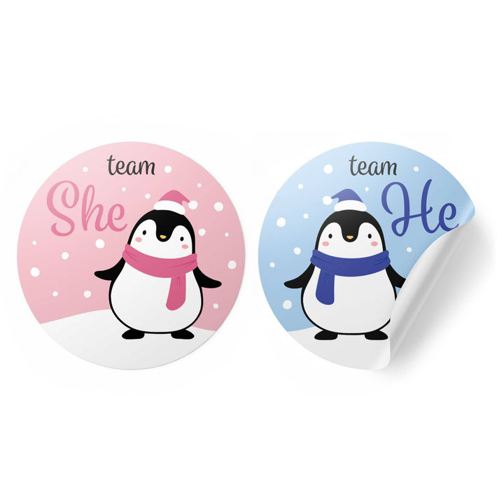 Christmas Gender Reveal Stickers: Penguin Party - Team He or Team She Stickers - 40 Stickers - Distinctivs Party