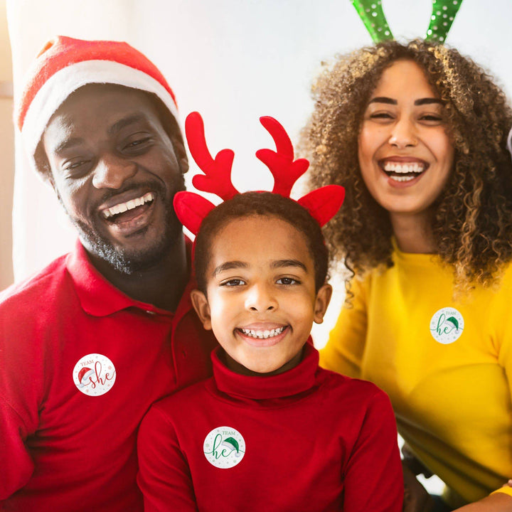 Pegatinas navideñas de revelación de género: Fiesta de Papá Noel - Pegatinas del equipo Él o del Equipo Ella - 40 pegatinas