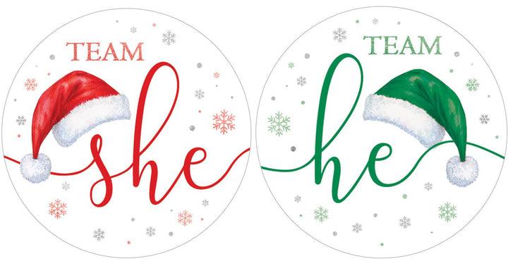 Christmas Gender Reveal Stickers: Santa Baby Party - Team He or Team She Stickers - 40 Stickers - Distinctivs Party