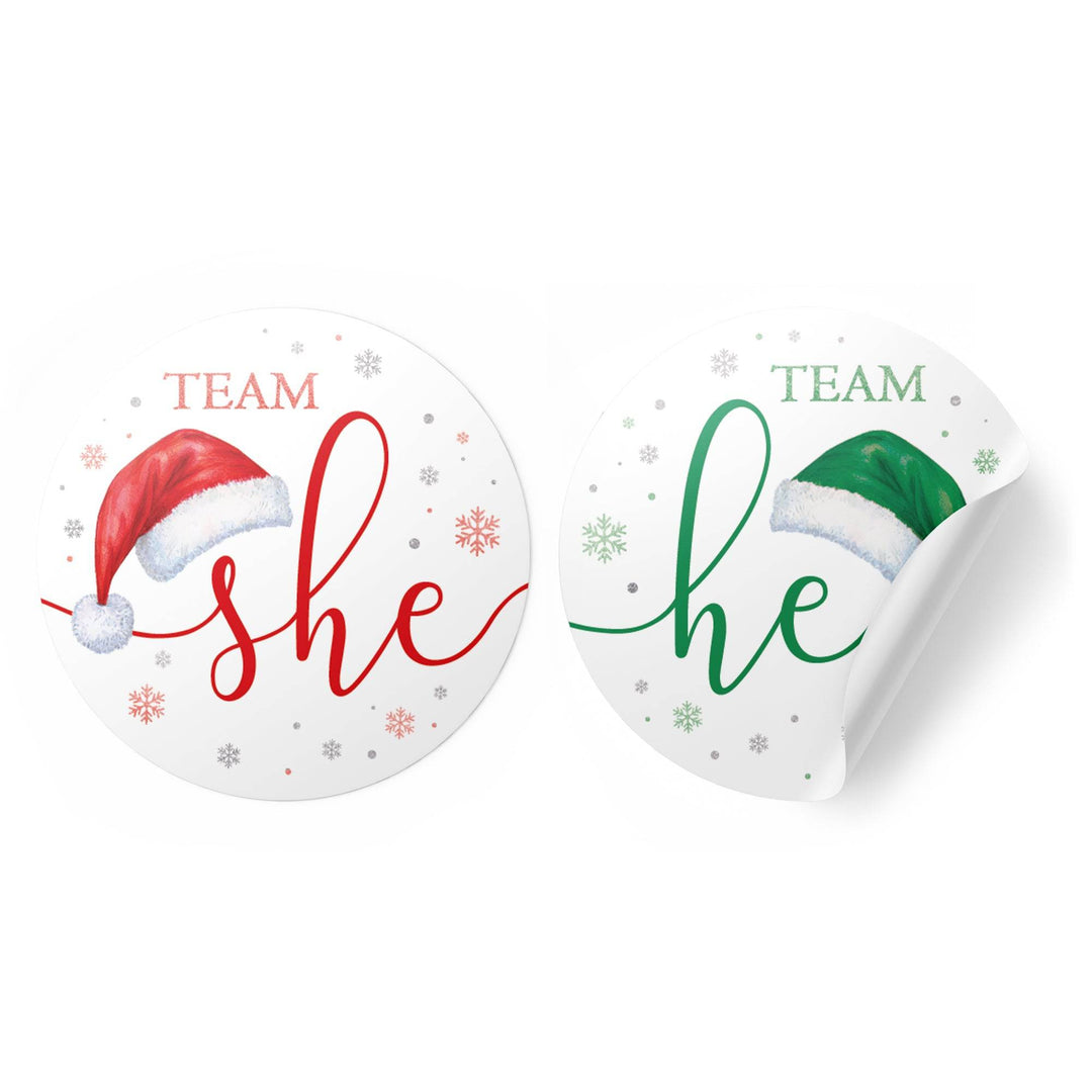 Christmas Gender Reveal Stickers: Santa Baby Party - Team He or Team She Stickers - 40 Stickers - Distinctivs Party