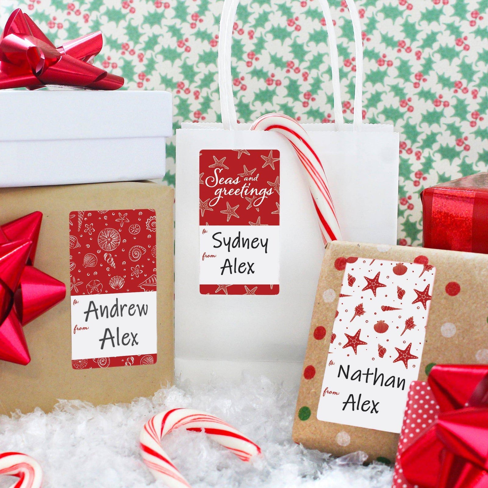 Christmas Gift Tag Stickers: Beachy Red Shells - 75 Stickers - Distinctivs Party