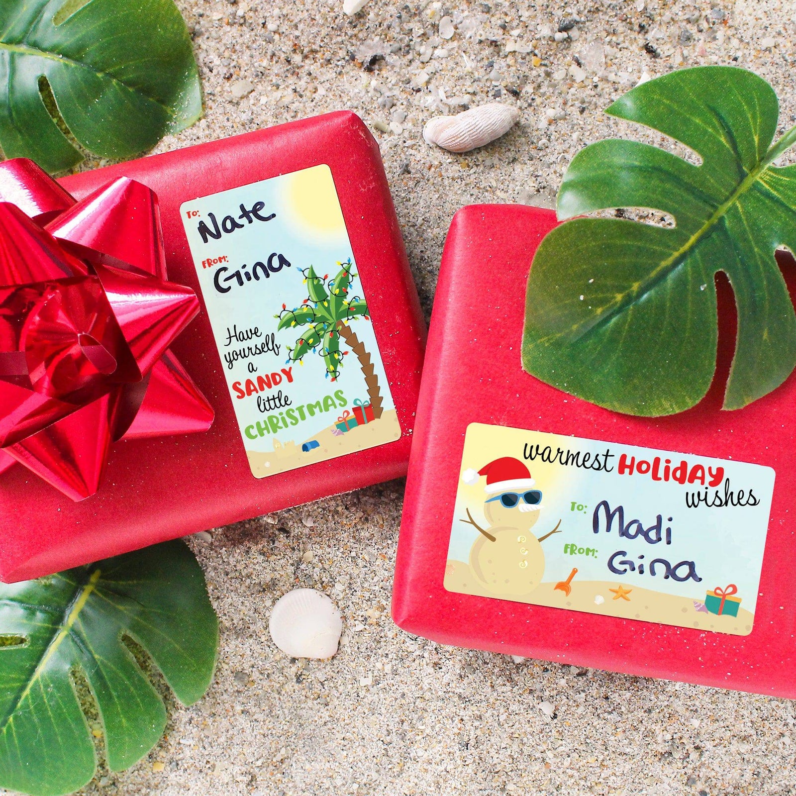 Christmas Gift Tag Stickers: Beachy Tropical Beach – 75 Labels - Distinctivs Party