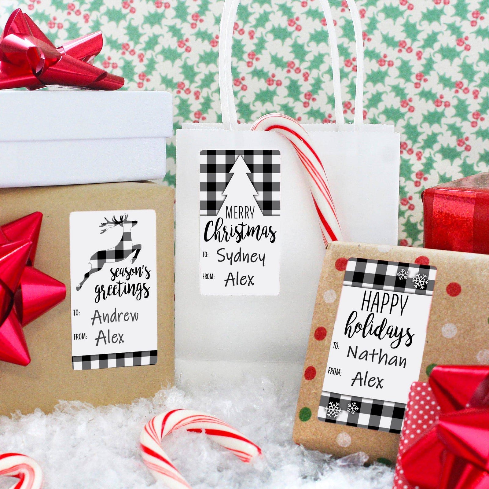 Christmas Gift Tag Stickers: Classic Black and White Buffalo Plaid  - 75 Stickers - Distinctivs Party