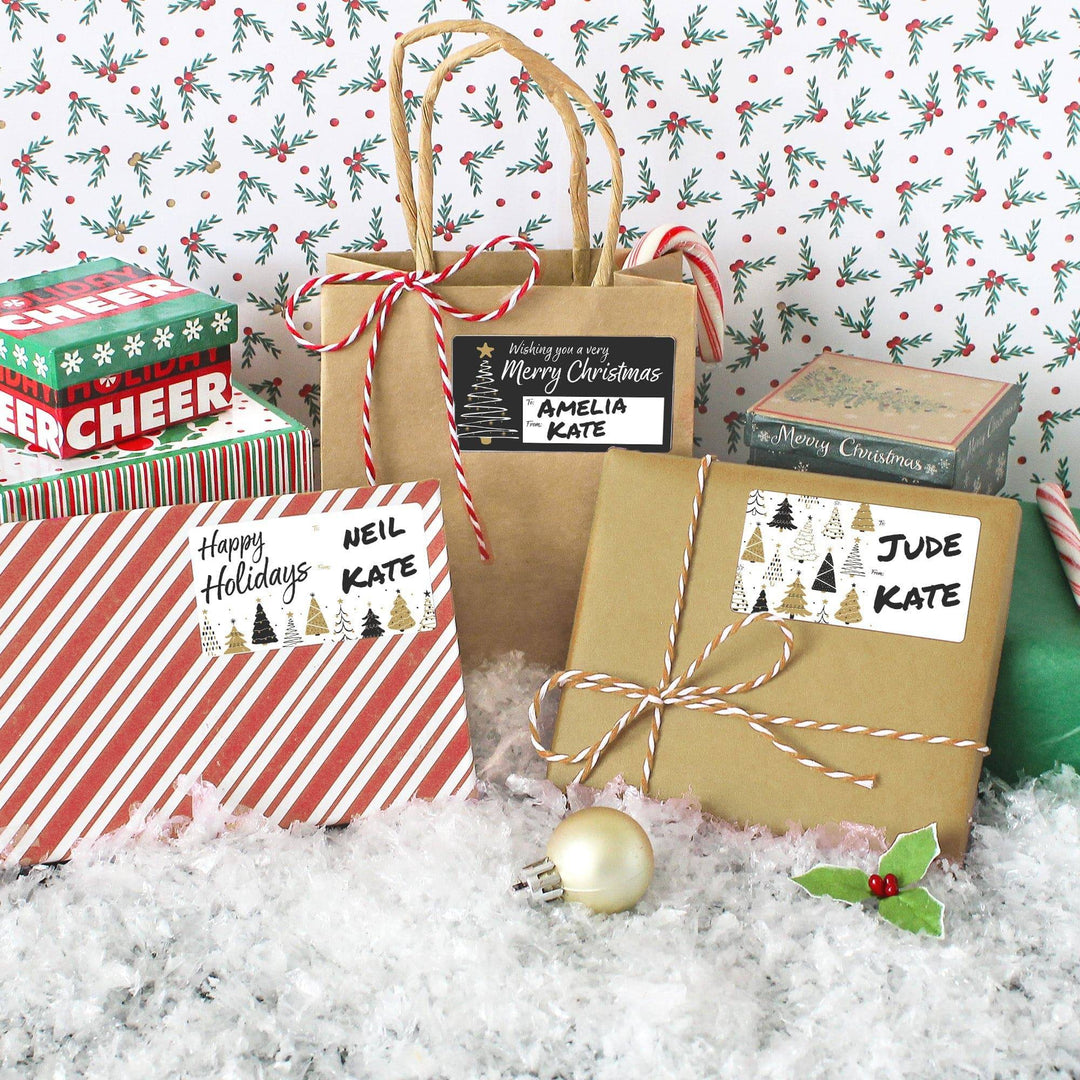 Christmas Gift Tag Stickers: Classic Black & Gold Christmas Trees - 75 Stickers - Distinctivs Party