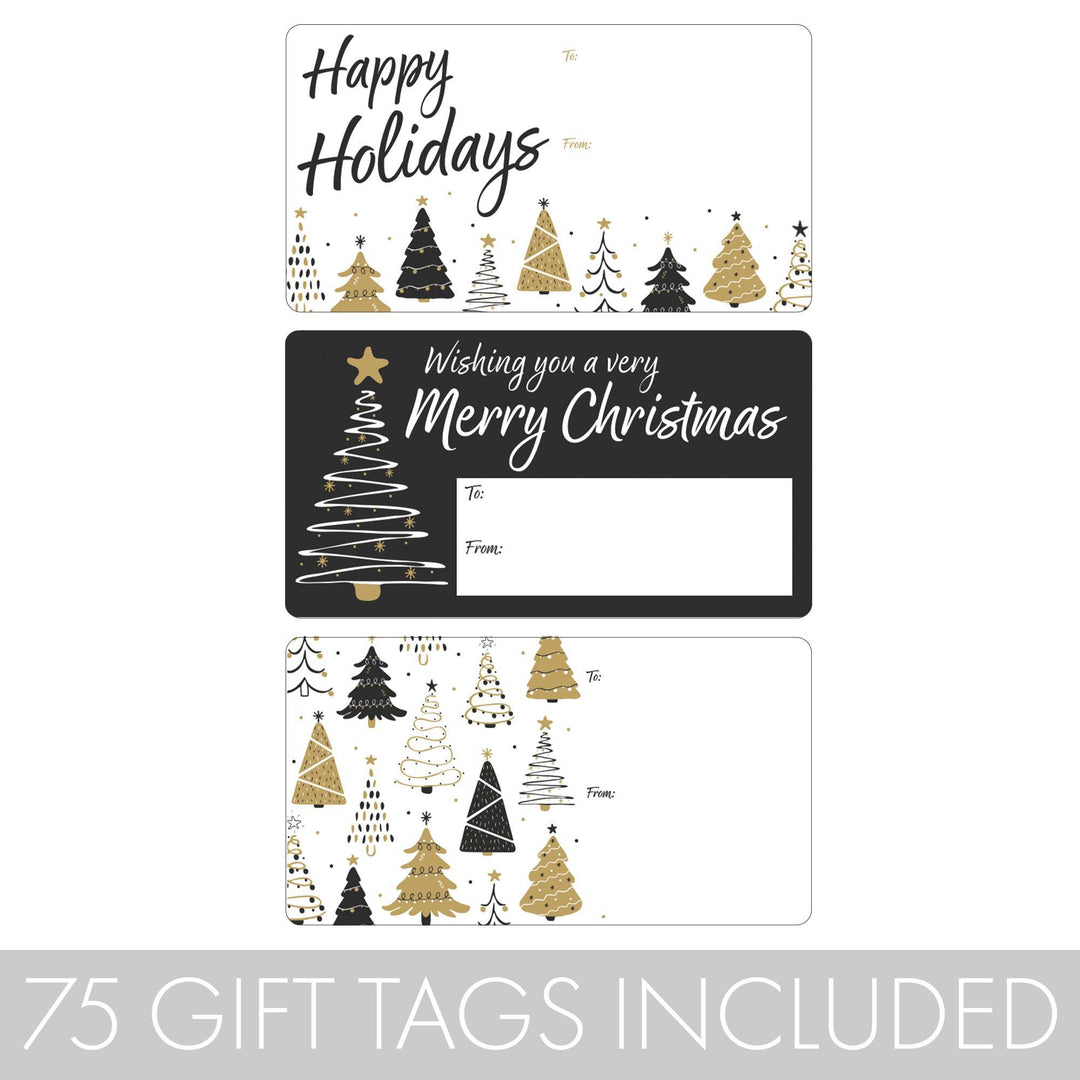 Christmas Gift Tag Stickers: Classic Black & Gold Christmas Trees - 75 Stickers - Distinctivs Party