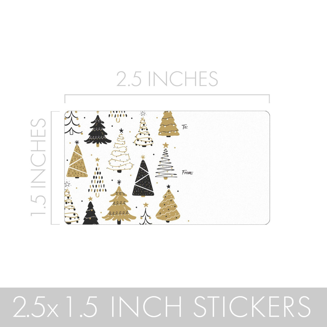 Christmas Gift Tag Stickers: Classic Black & Gold Christmas Trees - 75 Stickers - Distinctivs Party