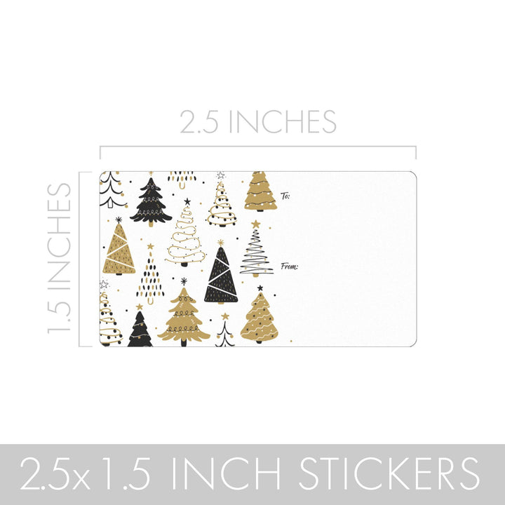 Christmas Gift Tag Stickers: Classic Black & Gold Christmas Trees - 75 Stickers - Distinctivs Party