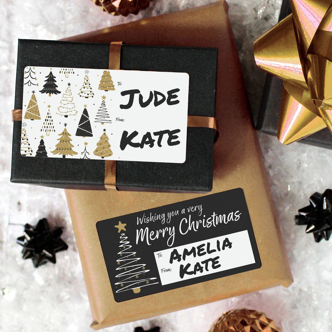 Christmas Gift Tag Stickers: Classic Black & Gold Christmas Trees - 75 Stickers - Distinctivs Party
