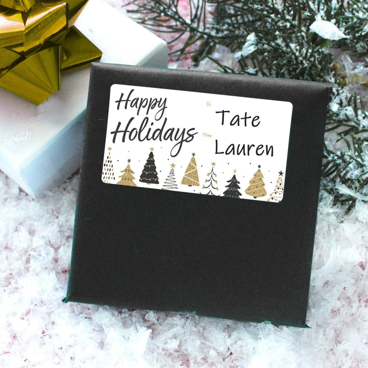 Christmas Gift Tag Stickers: Classic Black & Gold Christmas Trees - 75 Stickers - Distinctivs Party