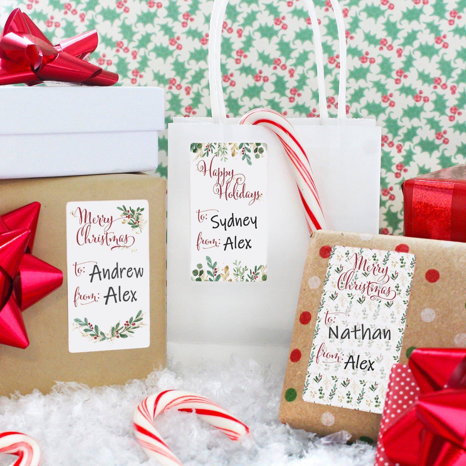 Christmas Gift Tag Stickers: Classic Holly and Greenery - 75 Stickers - Distinctivs Party