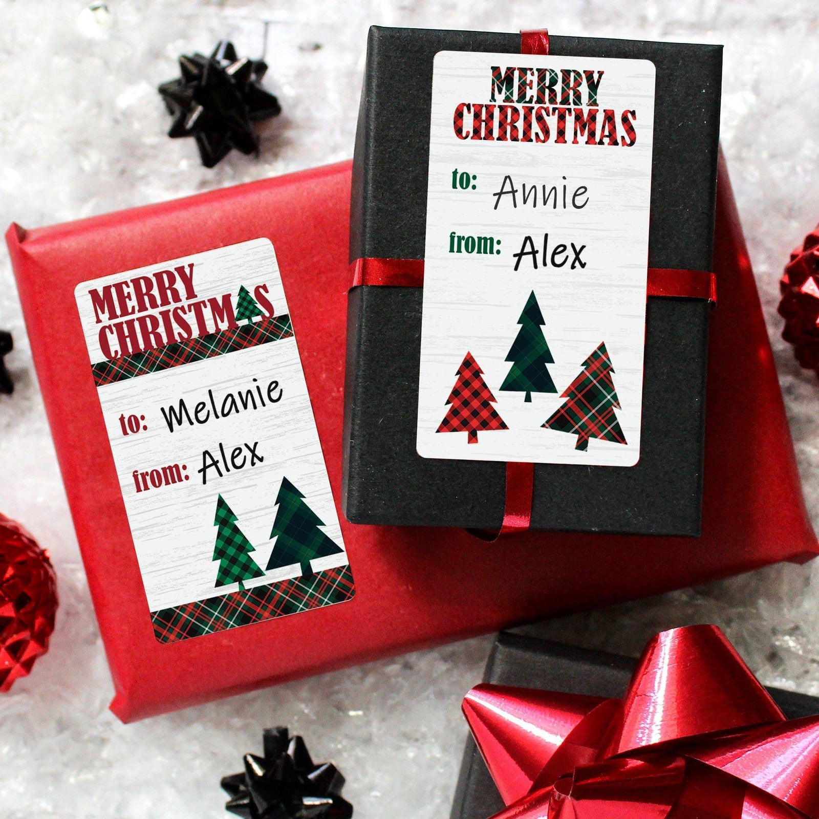 Christmas Gift Tag Stickers: Classic Plaid Christmas Trees - 75 Stickers - Distinctivs Party