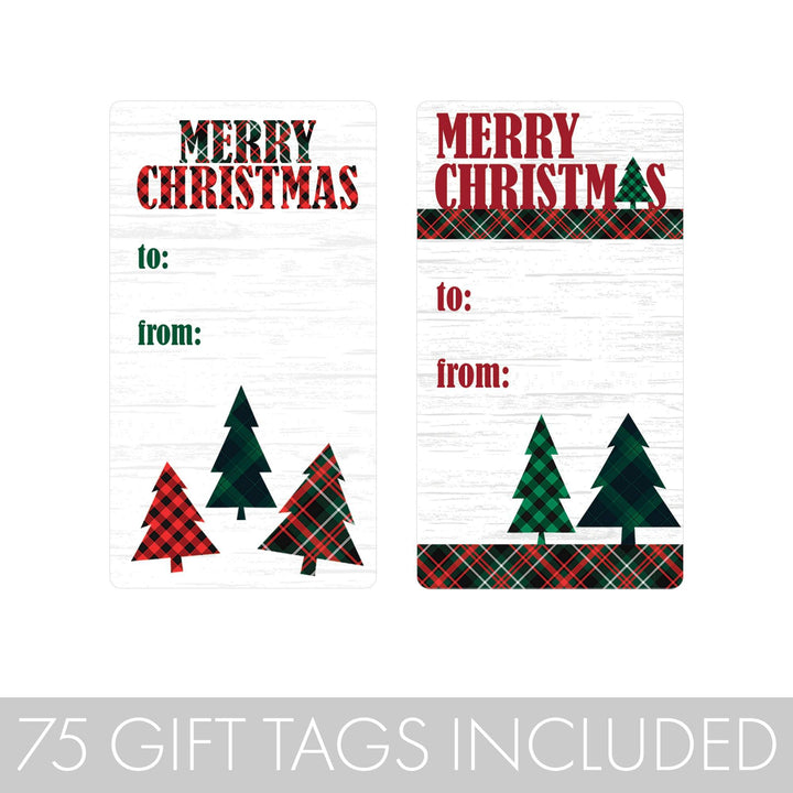 Christmas Gift Tag Stickers: Classic Plaid Christmas Trees - 75 Stickers - Distinctivs Party