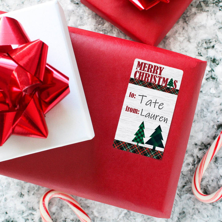 Christmas Gift Tag Stickers: Classic Plaid Christmas Trees - 75 Stickers - Distinctivs Party