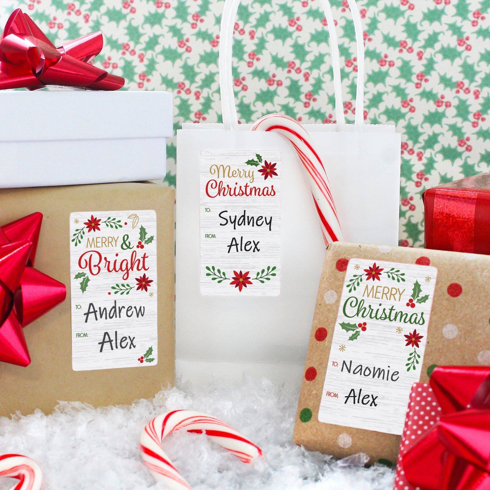 Christmas Gift Tag Stickers: Classic Poinsettia & Holly Merry Christmas  - 75 Stickers - Distinctivs Party