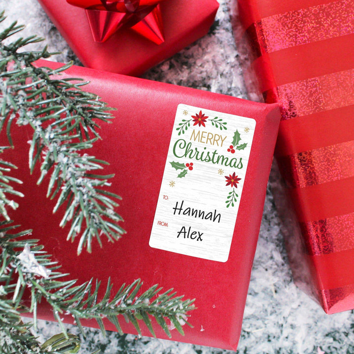 Christmas Gift Tag Stickers: Classic Poinsettia & Holly Merry Christmas  - 75 Stickers - Distinctivs Party