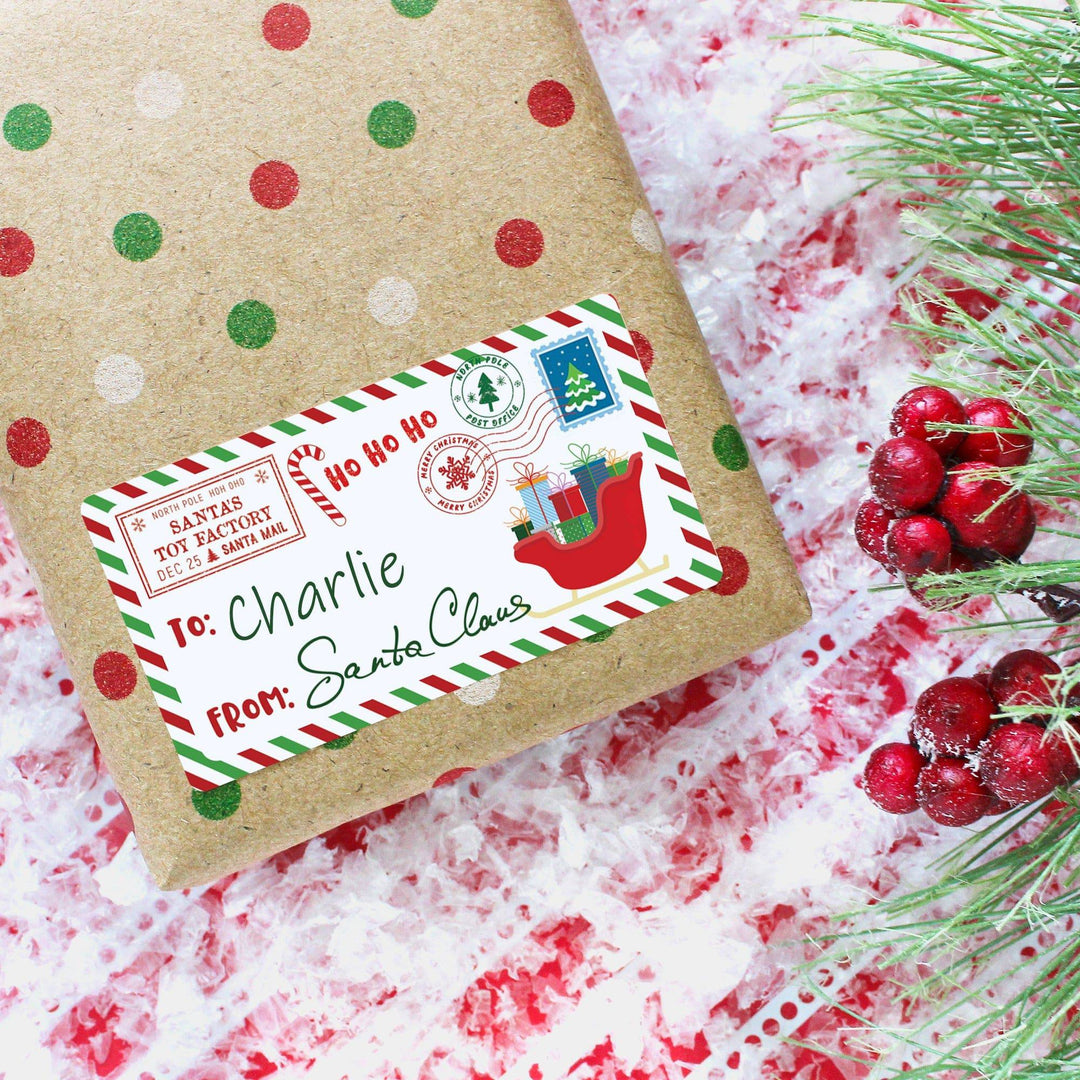 Christmas Gift Tag Stickers: Classic Postcards from Santa with Sleigh- 75 Stickers - Distinctivs Party