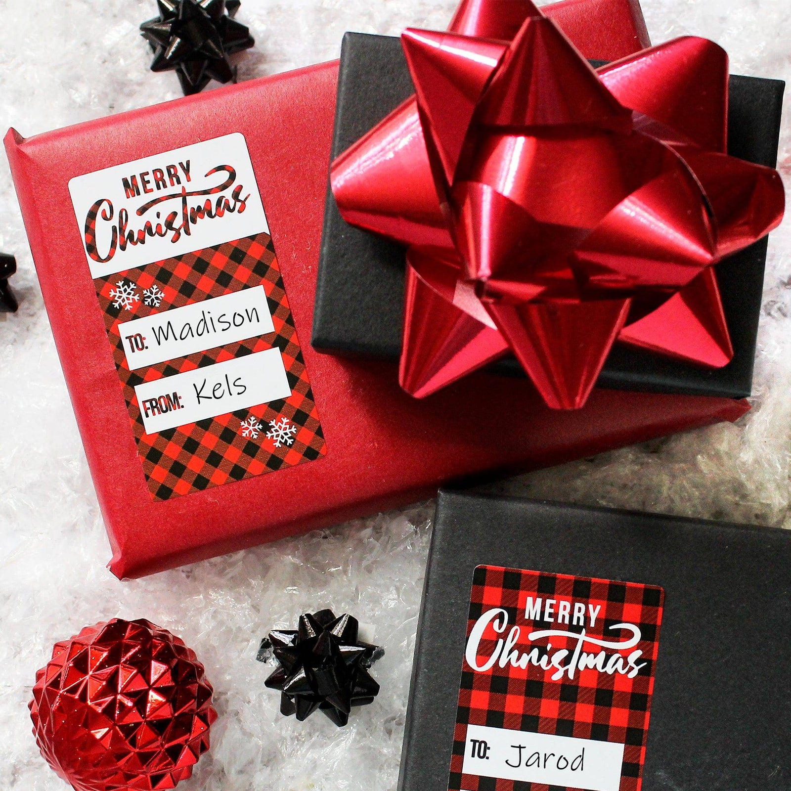Christmas Gift Tag Stickers: Classic Red and Black Buffalo Plaid  - 75 Stickers - Distinctivs Party
