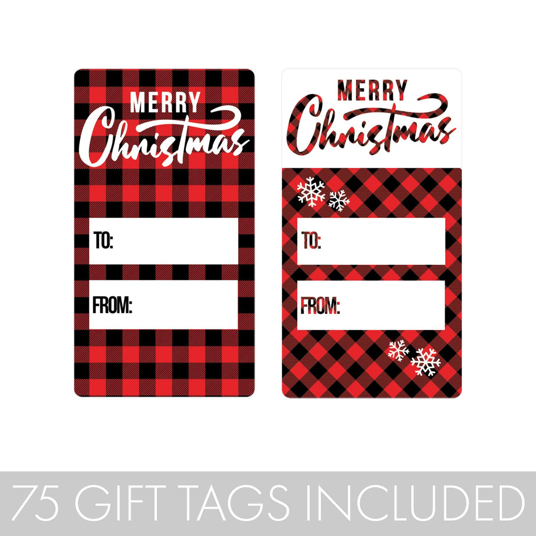 Red and Black Buffalo Plaid Christmas Holiday Gift Tag Labels - 75 Stickers