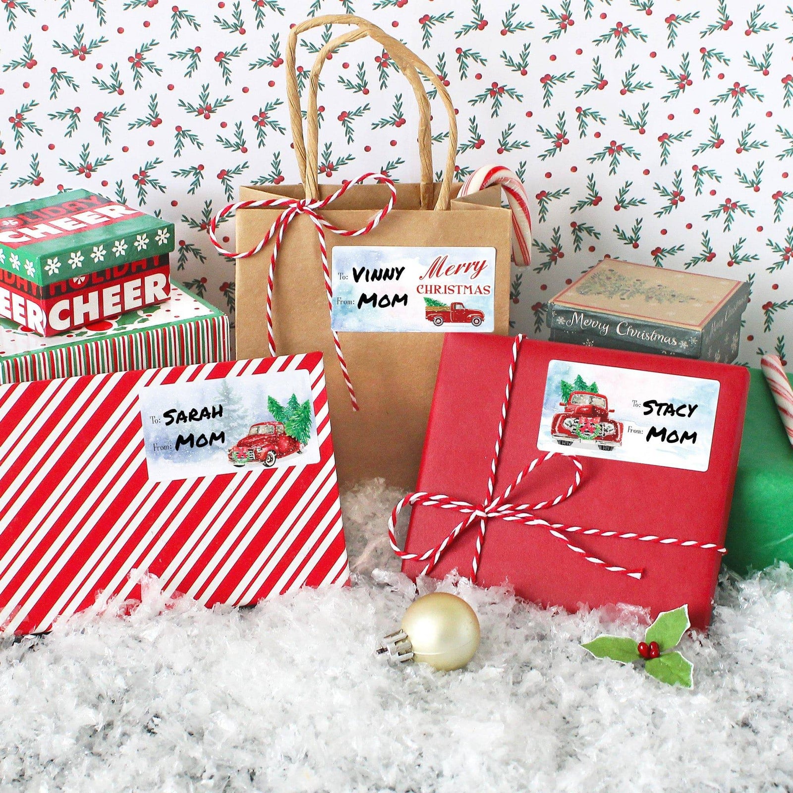 Christmas Gift Tag Stickers: Classic Vintage Red Truck - 75 Stickers - Distinctivs Party