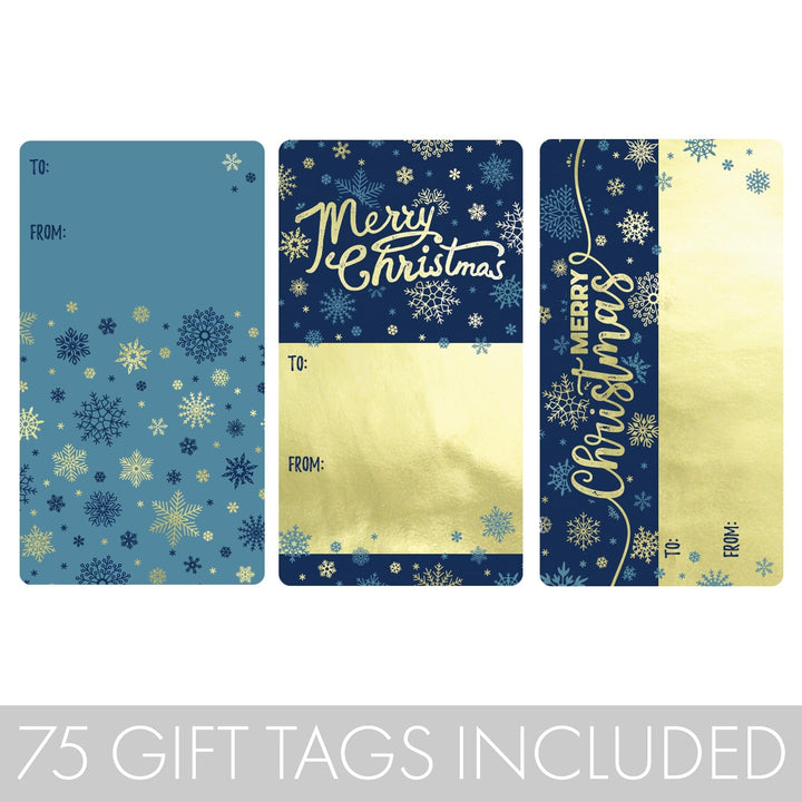 Christmas Gift Tag Stickers: Gold Foil & Blue with Snowflakes  – 75 Stickers - Distinctivs Party