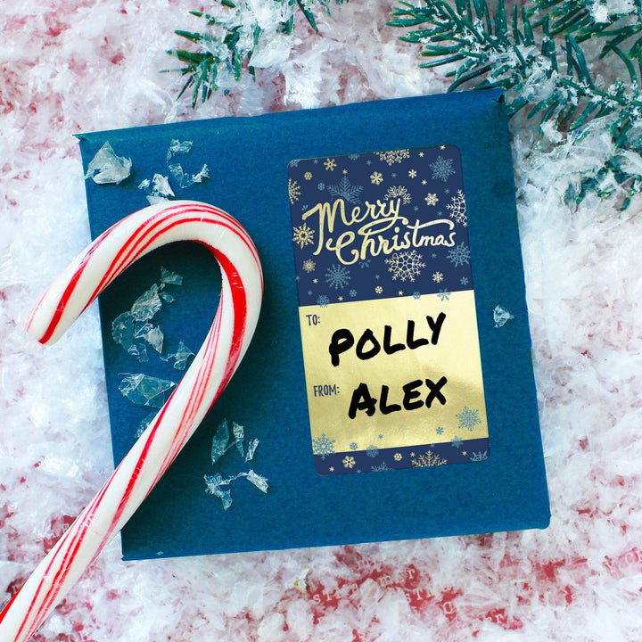 Christmas Gift Tag Stickers: Gold Foil & Blue with Snowflakes  – 75 Stickers - Distinctivs Party