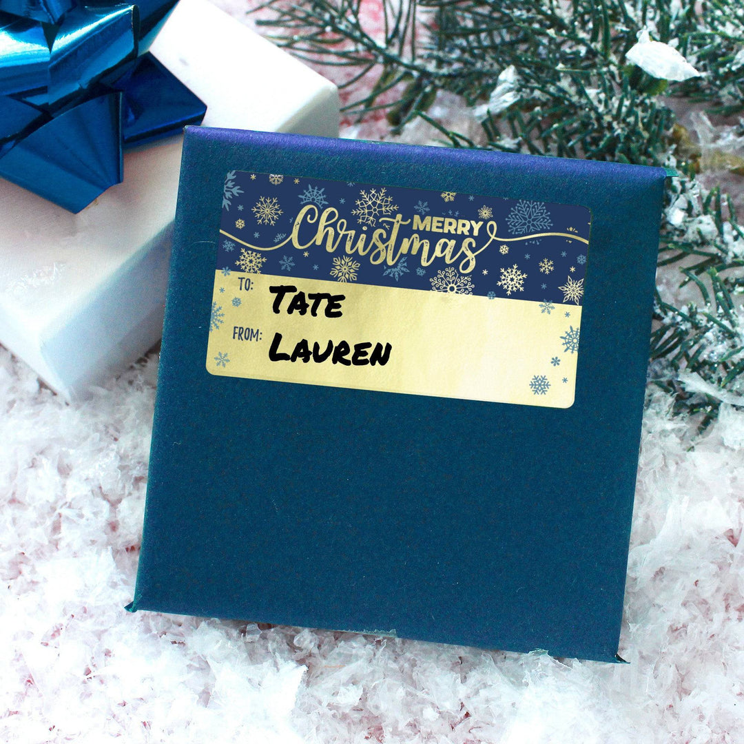 Christmas Gift Tag Stickers: Gold Foil & Blue with Snowflakes  – 75 Stickers - Distinctivs Party