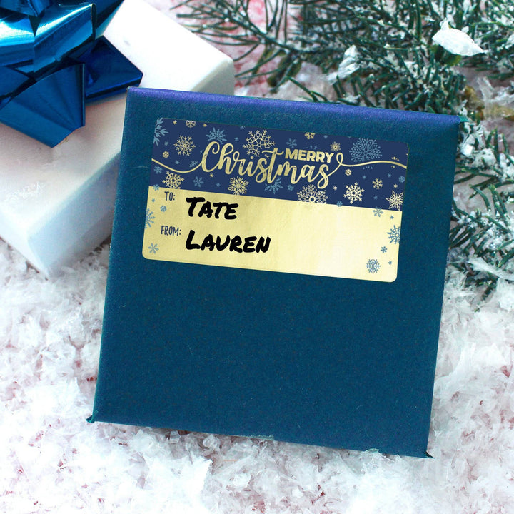Christmas Gift Tag Stickers: Gold Foil & Blue with Snowflakes  – 75 Stickers - Distinctivs Party