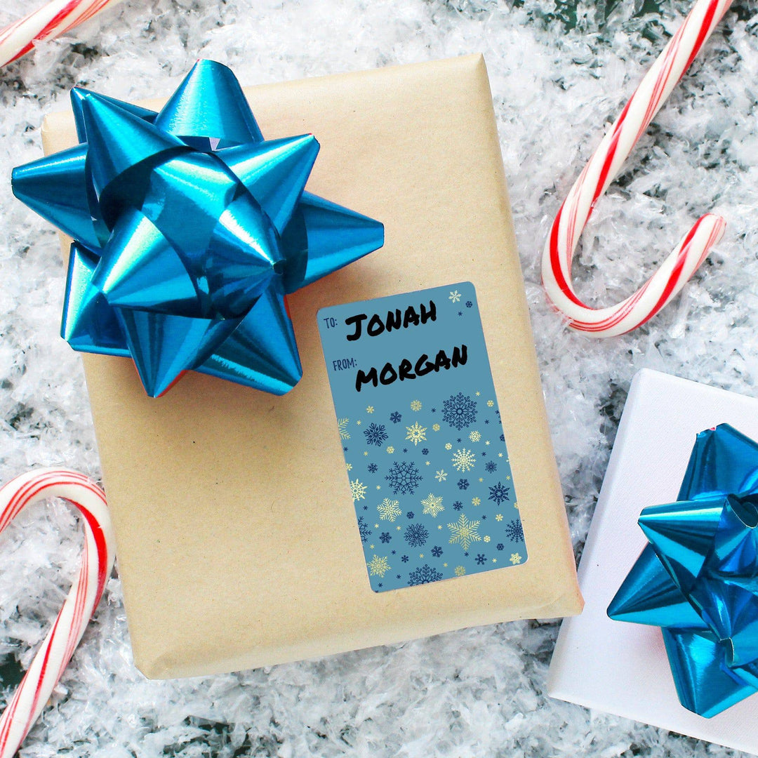 Christmas Gift Tag Stickers: Gold Foil & Blue with Snowflakes  – 75 Stickers - Distinctivs Party